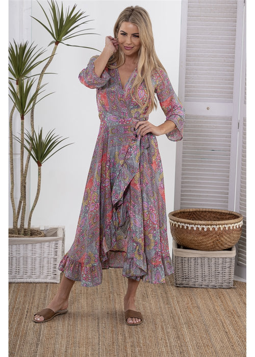 Ryla Wrap Dress in silk blend, front view