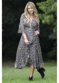 Zelda Long Sleeve Wrap Dress in silk blend, front view