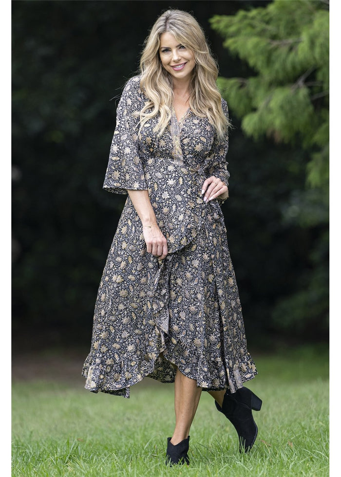 Zelda Long Sleeve Wrap Dress in silk blend, front view