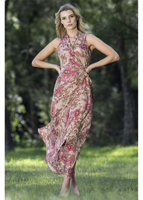Blush Sleeveless Wrap Dress in pink silk blend, front view