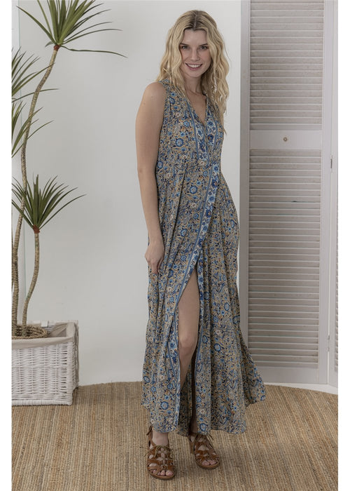 Lamu Sleeveless V-Neck Maxi Dress in blue silk blend, front view