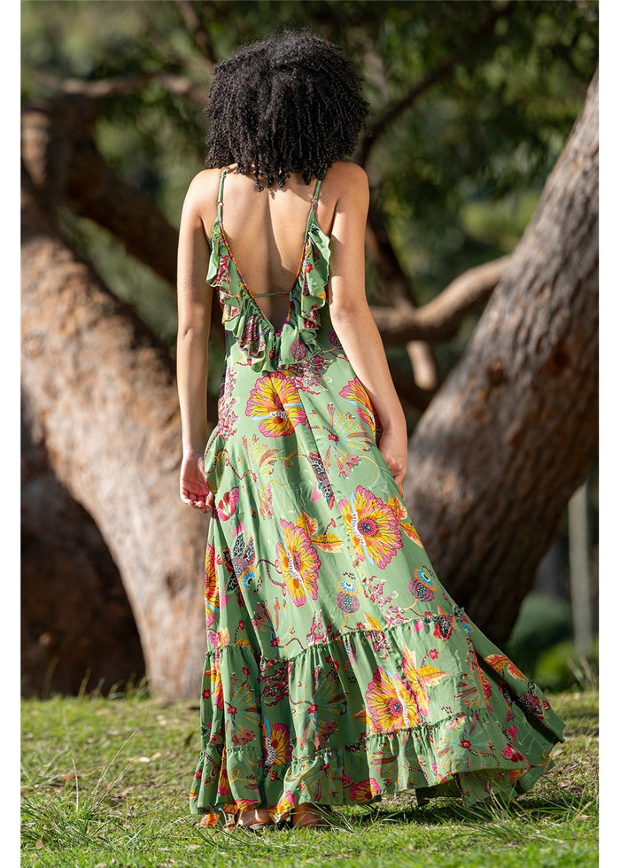 Posey Gypsy Dress in green floral print silk blend, view 2