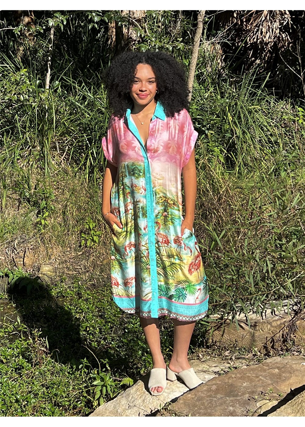 Flamingo Dresden Dress in silk viscose, front view