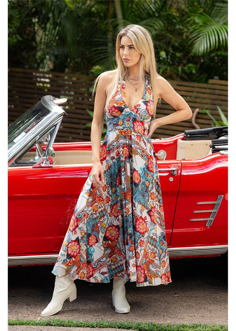 Margot Maxi Halter Dress in silk blend, front view