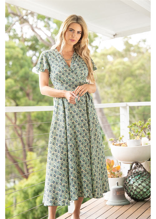 Asha S/Sleeve Wrap Dress in silk blend, front view