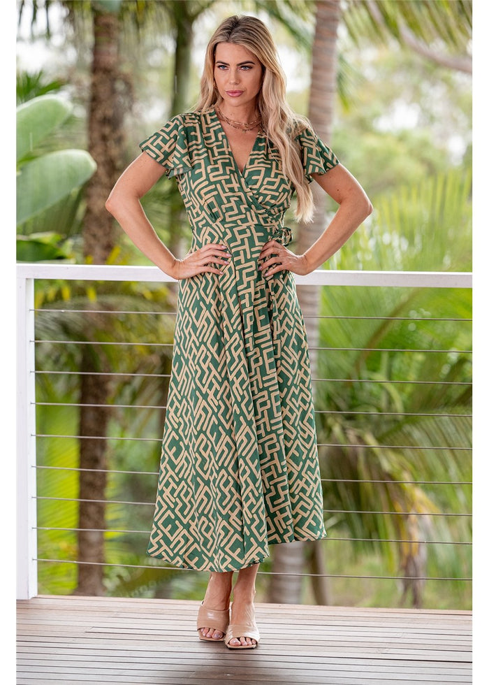 Geo S/Sleeve Wrap Dress - Green