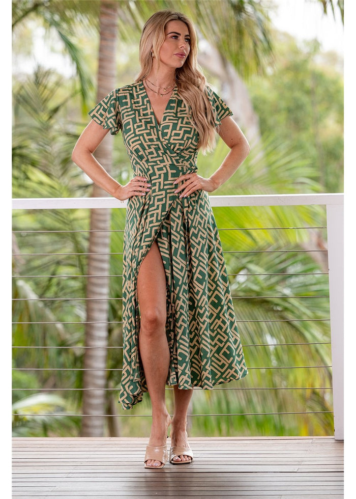 Geo Short Sleeve Wrap Dress | Green