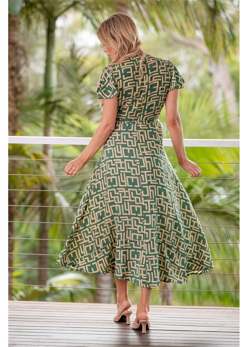 Geo S/Sleeve Wrap Dress - Green