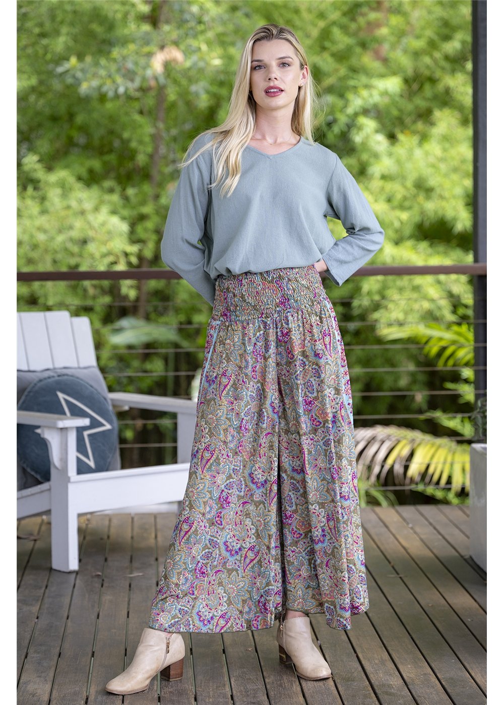 Olive Wide Leg Pants in silk blend, front view