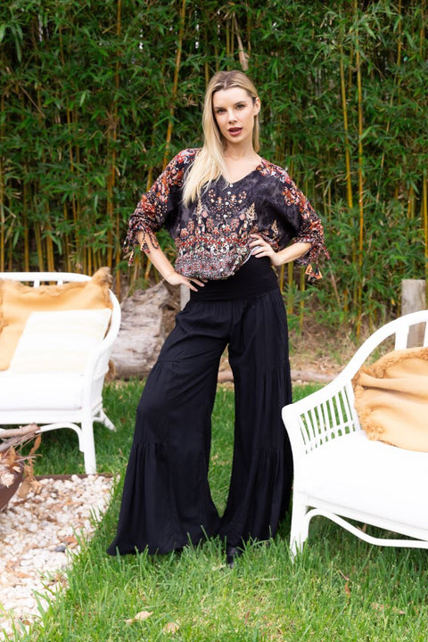 Laura Pants - Plain Black in rayon voile, front view