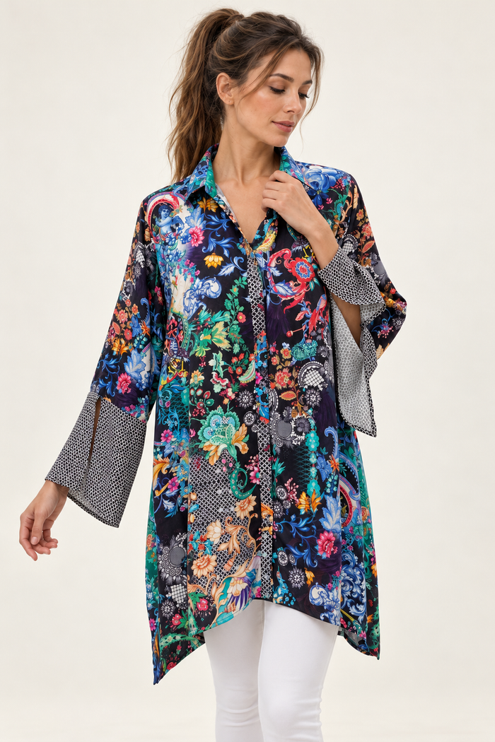 Midnight Garden Tunic in navy floral print viscose rayon, front view