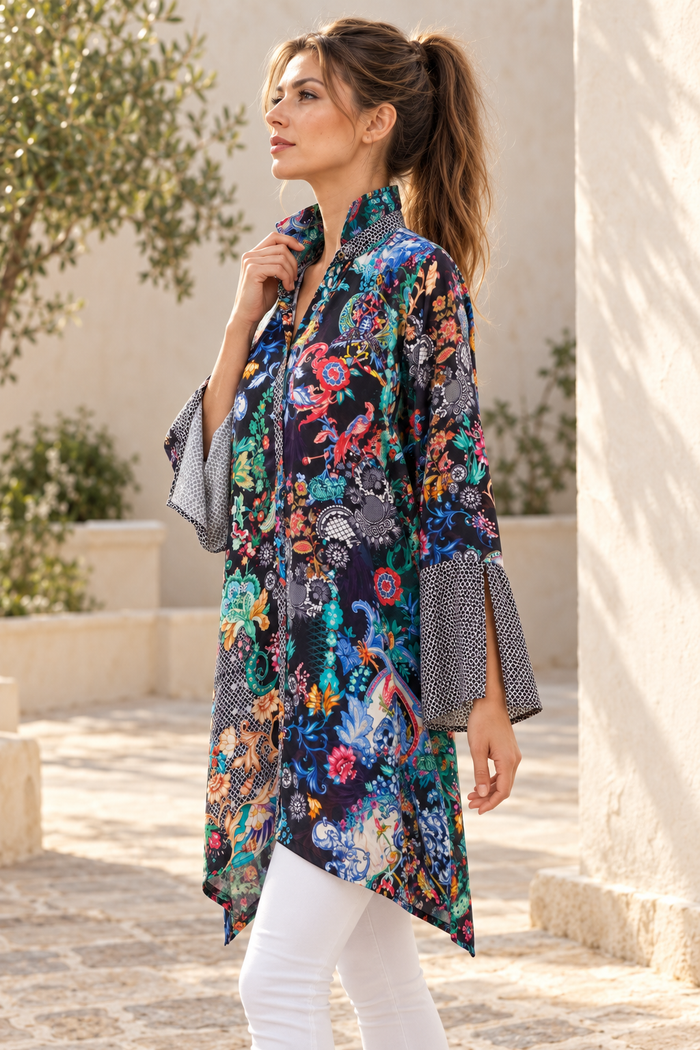 Midnight Garden Tunic in navy floral print viscose rayon, side view