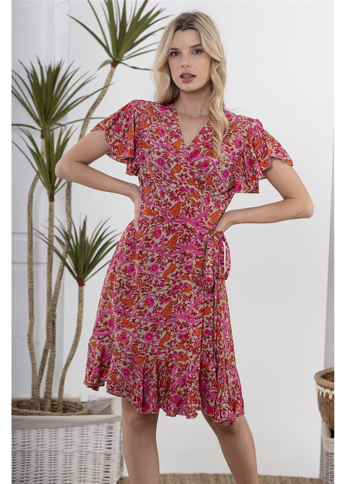 Pink Yarrow Short Wrap Dress, front view