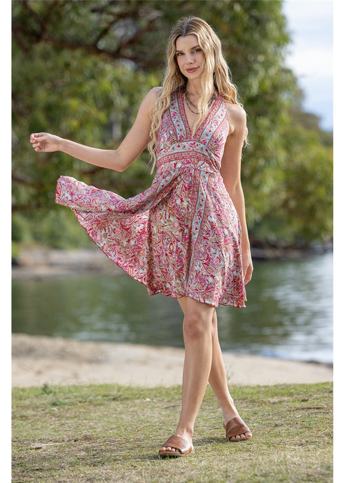 Cleo Short Halter Dress in silk blend, front view