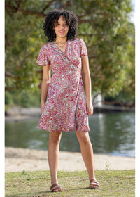 Cleo Short Sleeve Wrap Dress. Silk Blend.