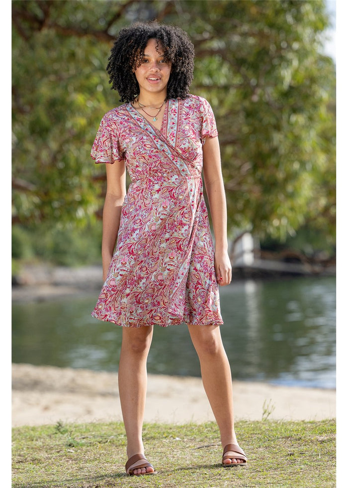 Cleo Short Sleeve Wrap Dress. Silk Blend.
