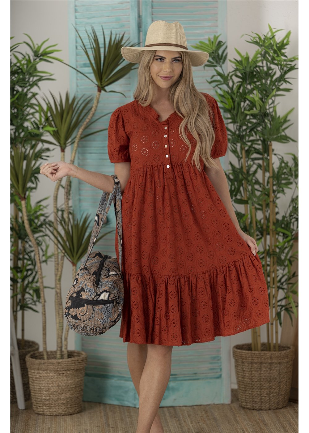 Ava Buttoned Dress - Rust