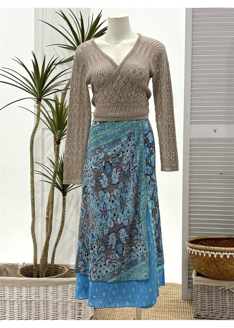 Wrap Skirt  - Silk Blend   - Blue