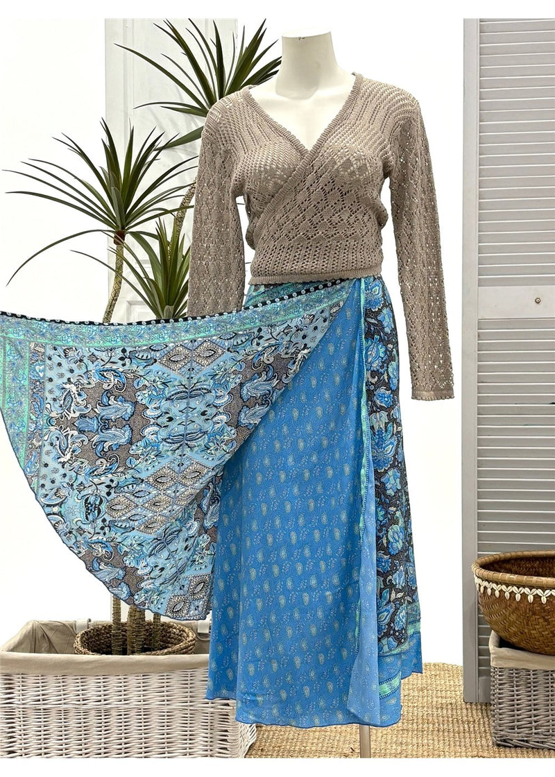 Wrap Skirt  - Silk Blend   - Blue