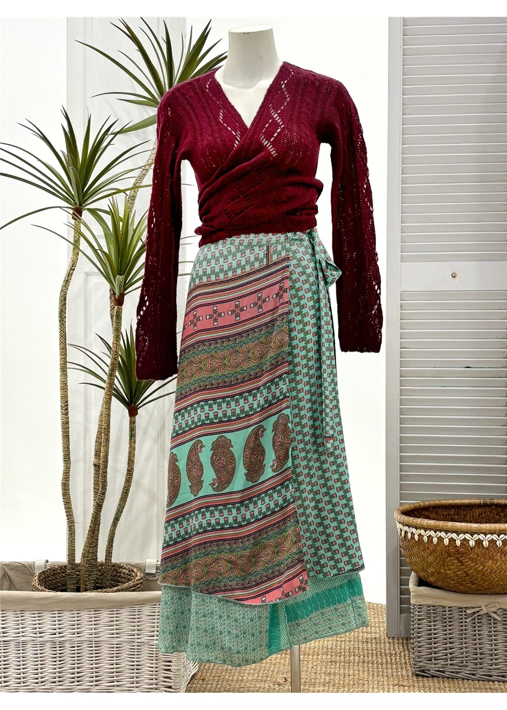 MELON Sari Fabric Wrap Skirt - Watermelon