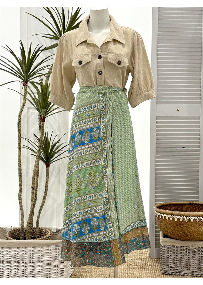 mint Sari Fabric Wrap Skirt - Iced Mint