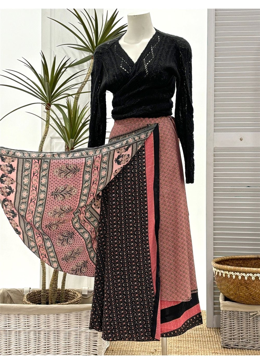 Sari Fabric Wrap Skirt - Dusty Pink in silk blend, view 4