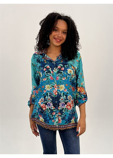 Lotus Garden Shirt in silk viscose, front view