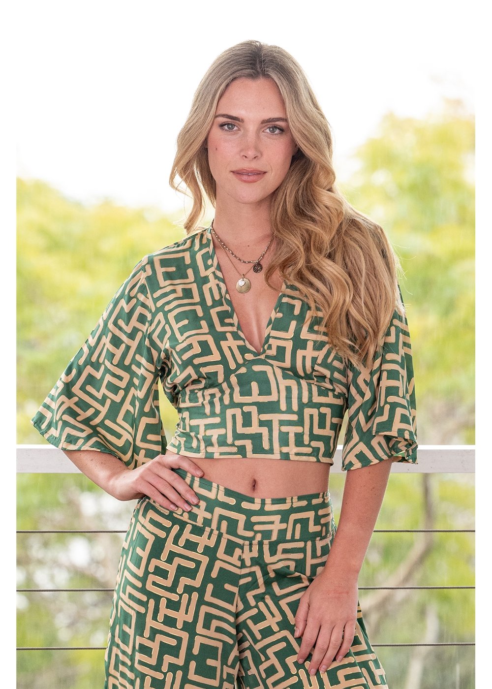 Geo Flounce Sleeve Top - Green