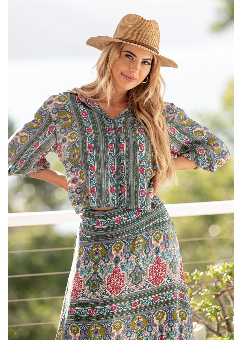 Ashanti Balloon Sleeve Top in silk blend, front view