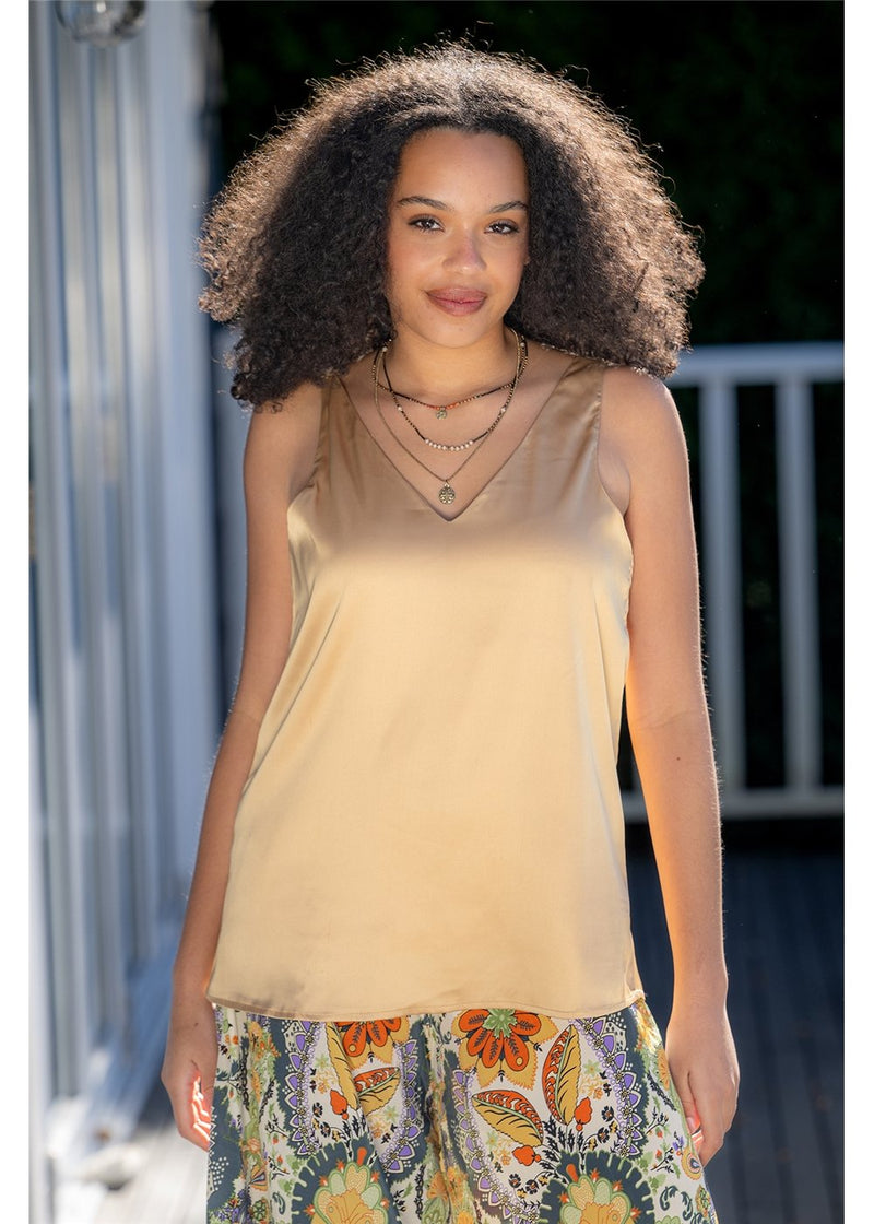 Gold Satin Singlet – fluid viscose cami in gold with V-neckline – Cienna Designs