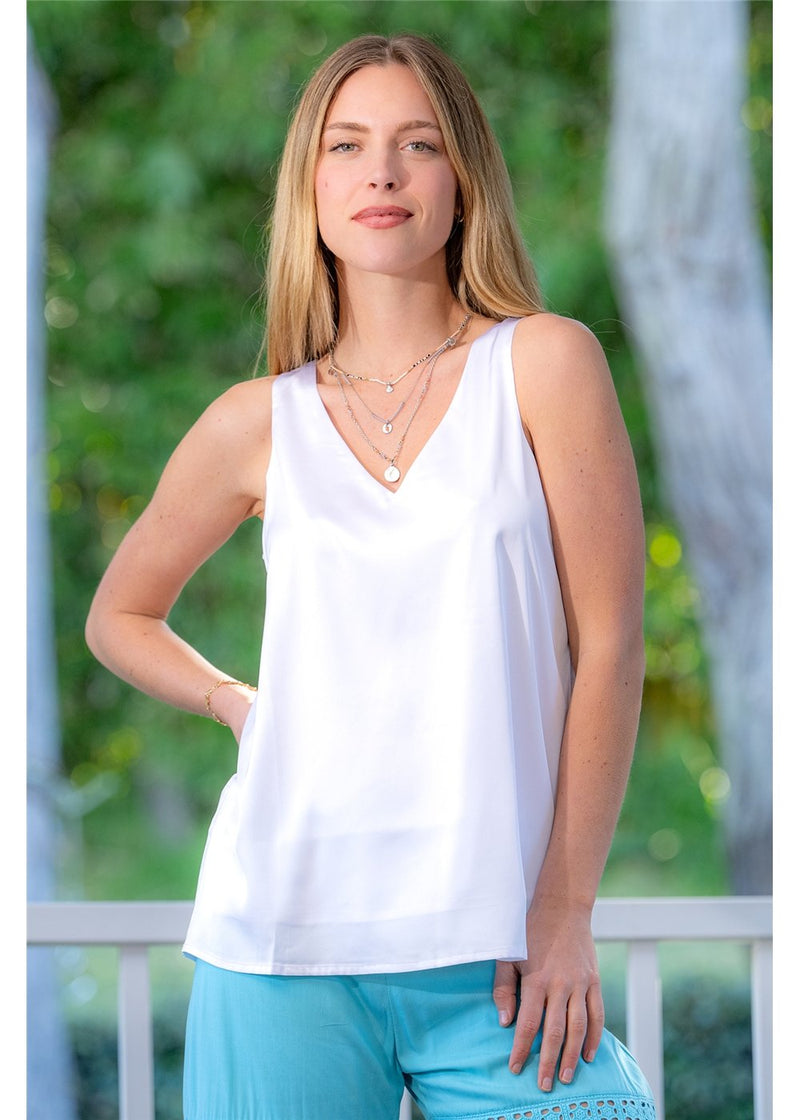 White Satin Singlet – fluid viscose cami in white with V-neckline – Cienna Designs
