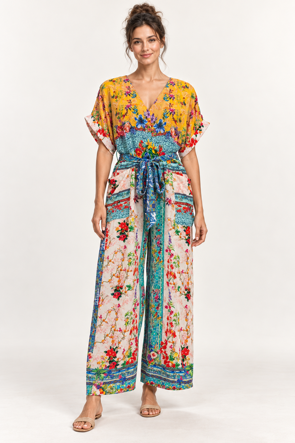 Tile Jumpsuit in blue tile print viscose rayon, front view
