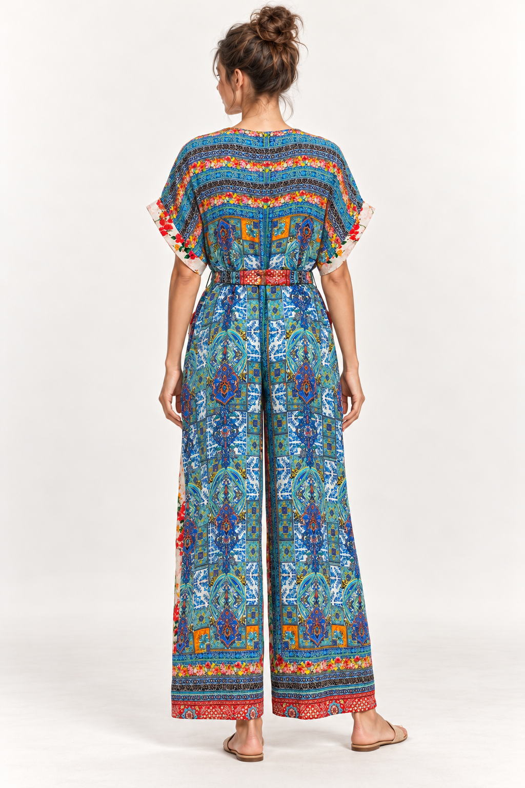 Tile Jumpsuit in blue tile print viscose rayon, back view