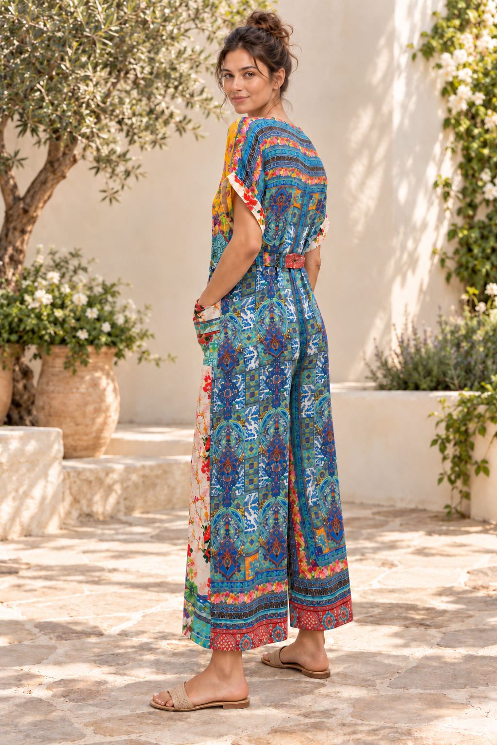 Tile Jumpsuit in blue tile print viscose rayon, side view
