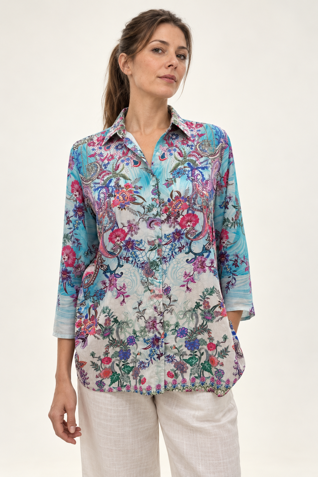 Turquoise Rhapsody Shirt in turquoise floral viscose rayon, front view