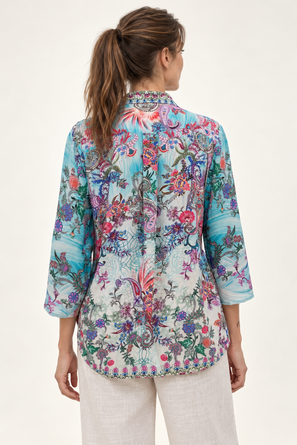 Turquoise Rhapsody Shirt in turquoise floral viscose rayon, back view