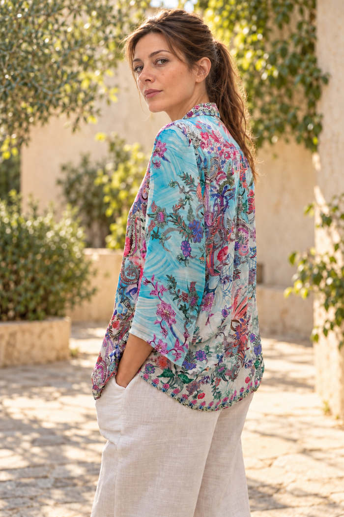 Turquoise Rhapsody Shirt in turquoise floral viscose rayon, side view
