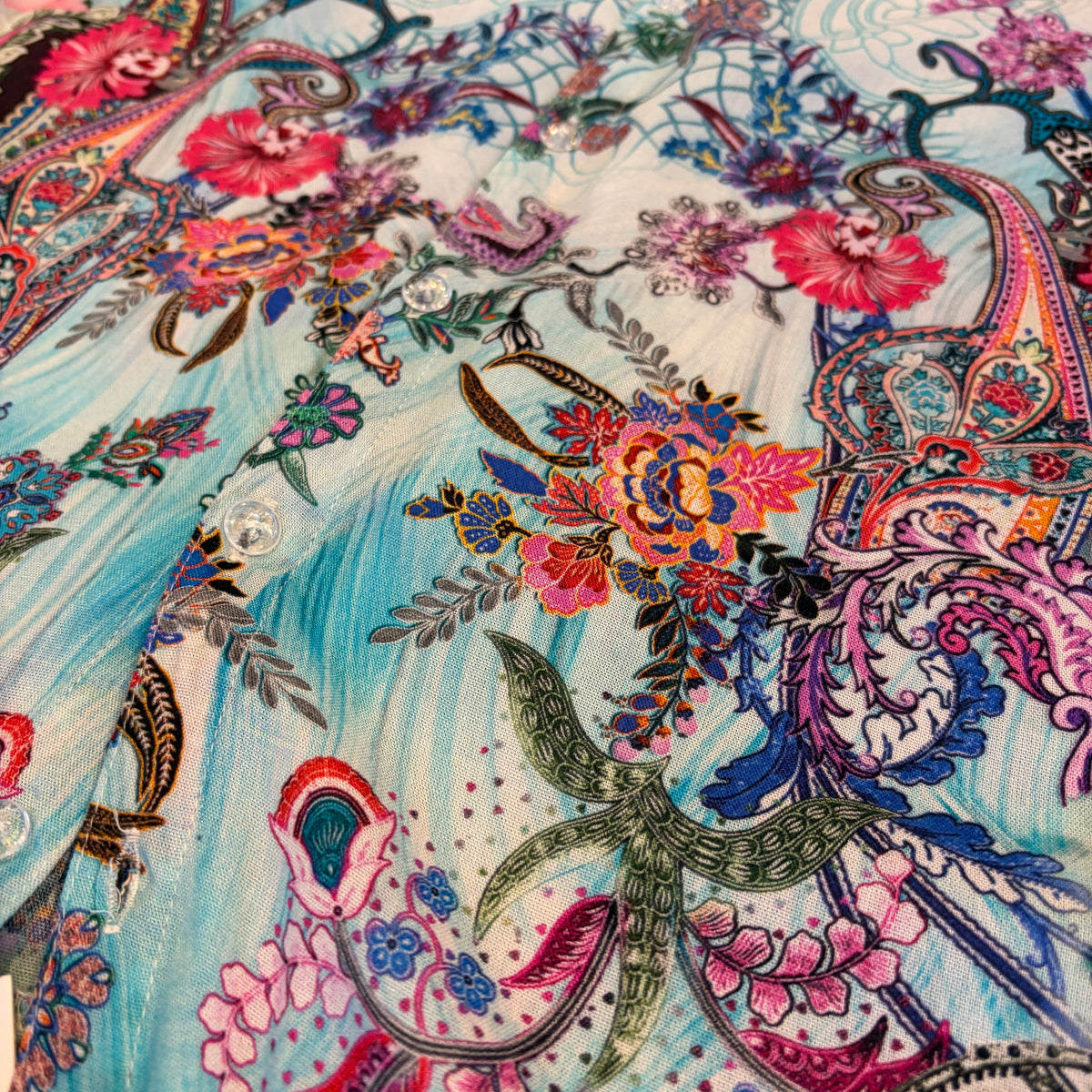 Turquoise Rhapsody Shirt, close view of the floral print