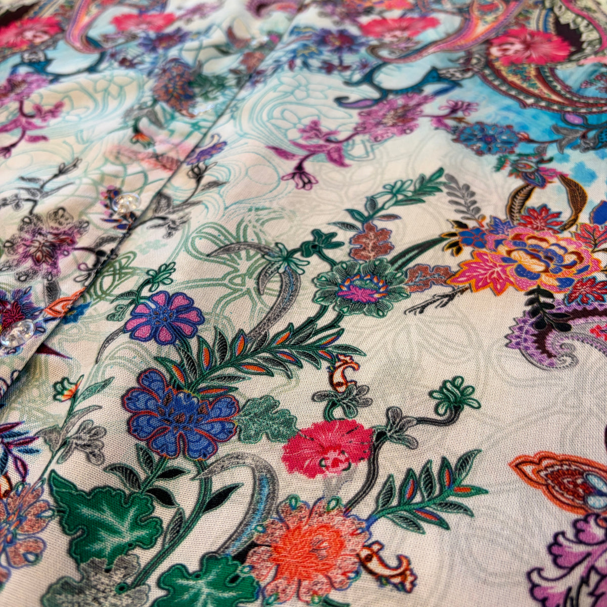 Turquoise Rhapsody Shirt, close view of the floral print
