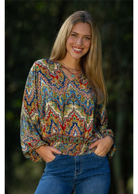 Cienna Designs Aurora Blouse in jewel-toned medallion print, navy cobalt burgundy and gold, silk-polyester — Aurora Blouse by Cienna Designs