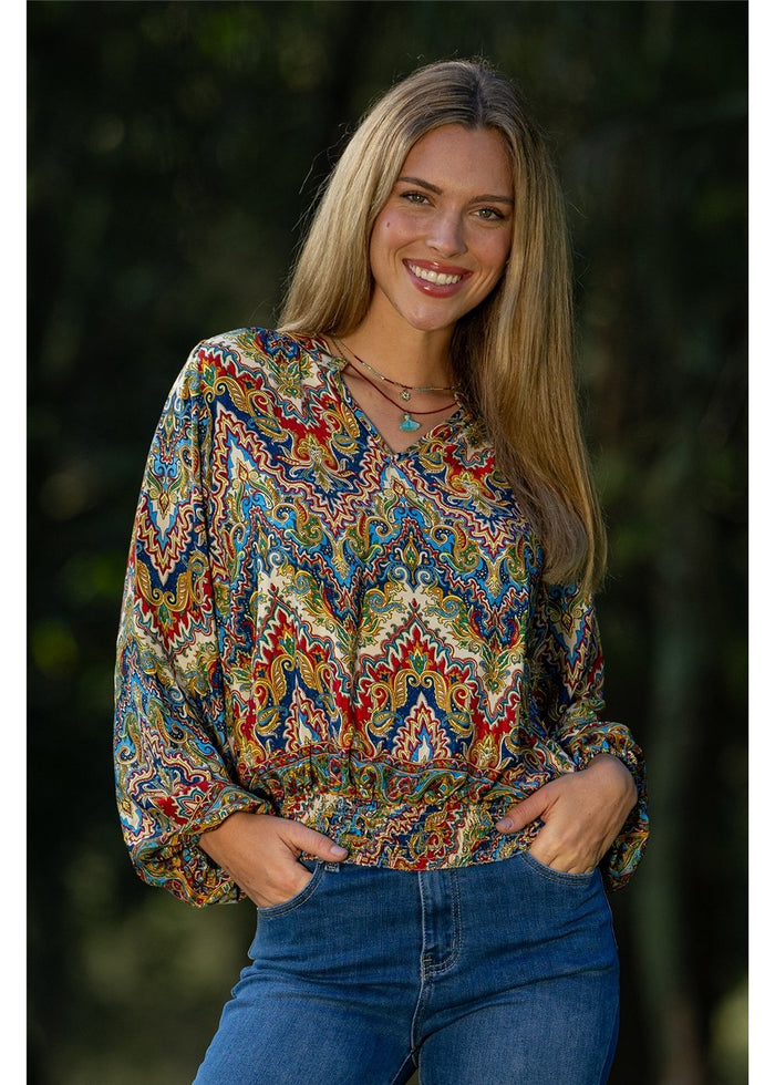 Cienna Designs Aurora Blouse in jewel-toned medallion print, navy cobalt burgundy and gold, silk-polyester — Aurora Blouse by Cienna Designs