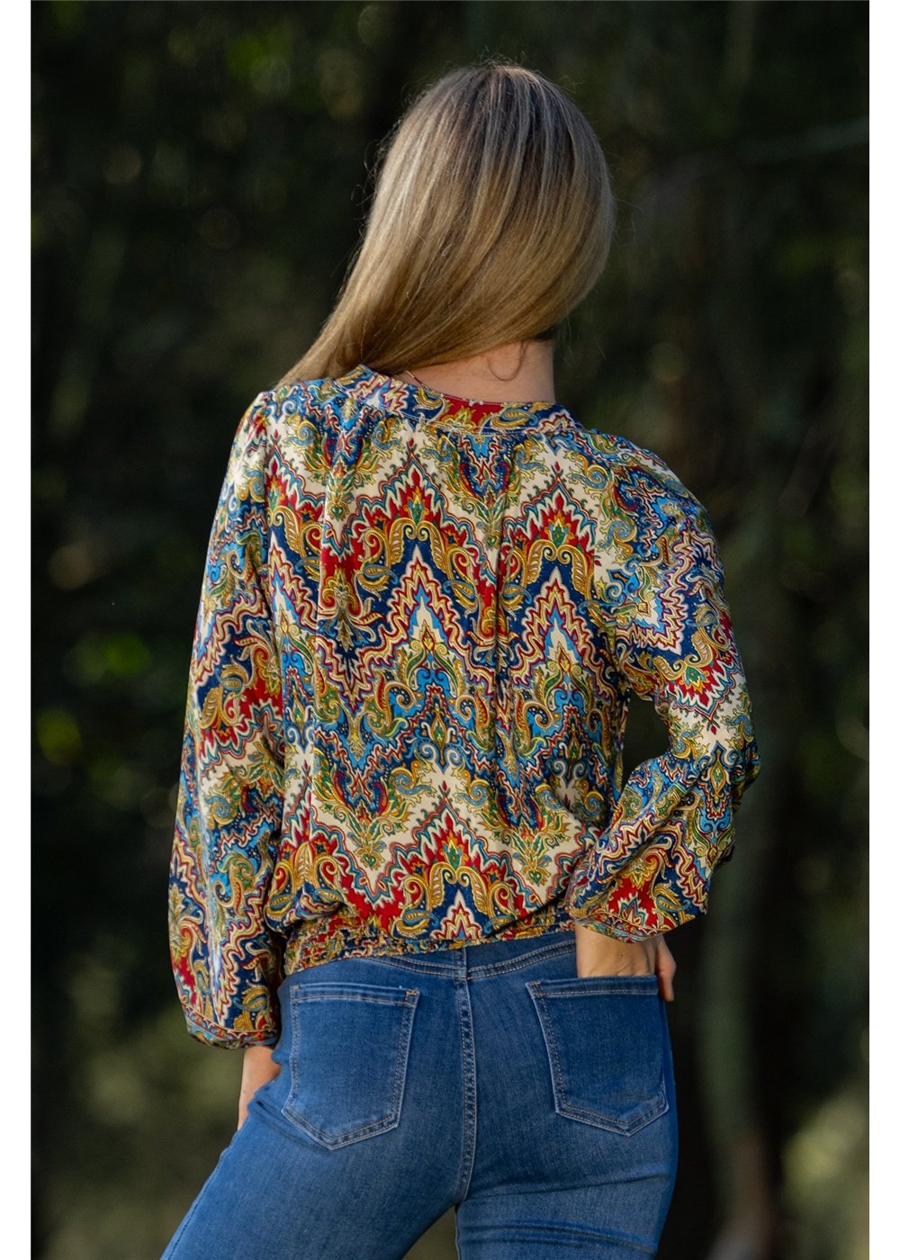 Aurora Blouse in navy cobalt and gold medallion print, shirred waist V-neck in silk-polyester — Cienna Designs