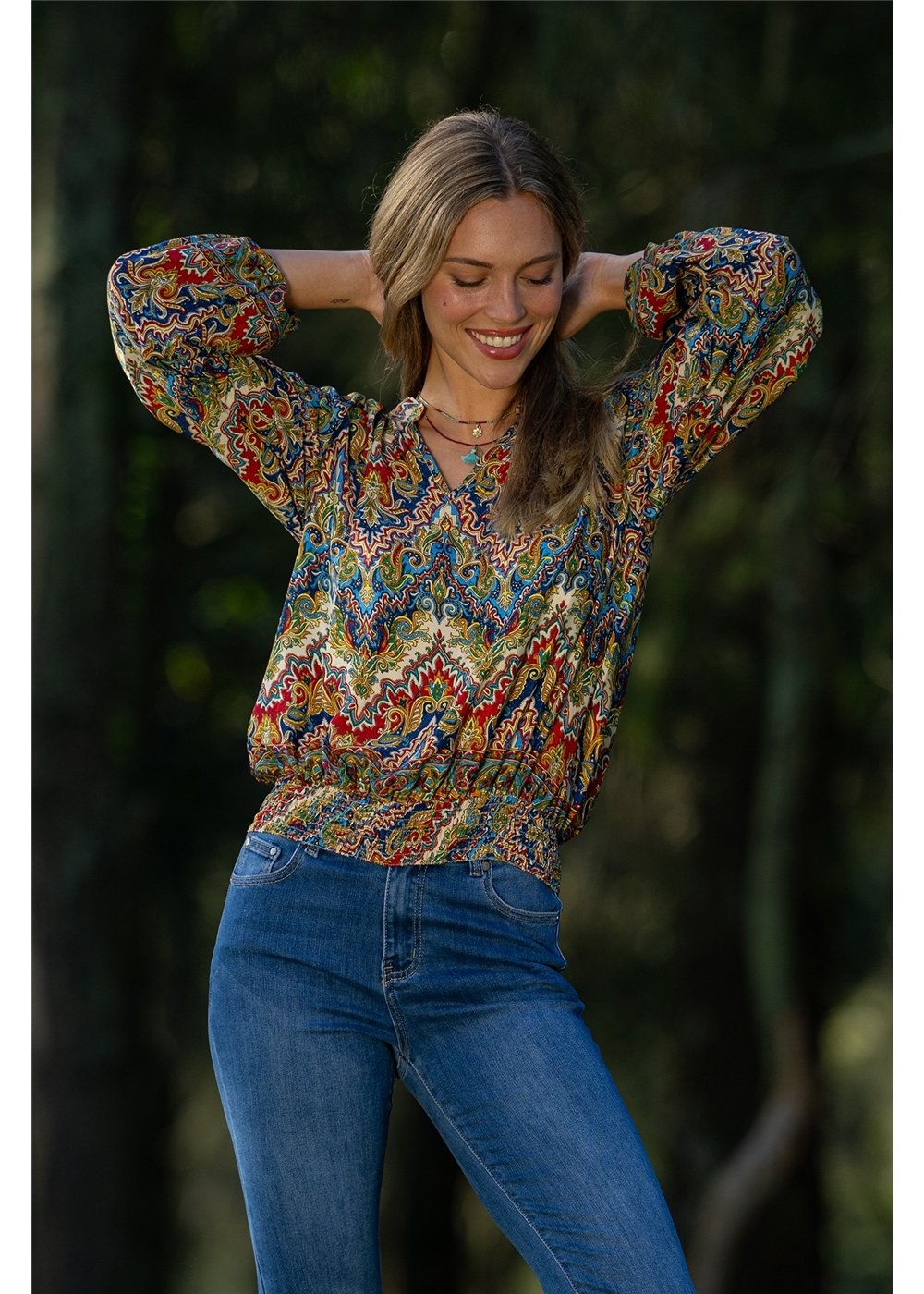 Aurora Blouse jewel-toned medallion print styled with Aurora Hemi Pants, navy and gold — Cienna Designs