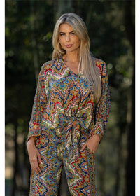 Cienna Designs Aurora Collared Blouse in jewel-toned medallion print, navy cobalt burgundy and gold, silk-polyester — Aurora Collared Blouse by Cienna Designs