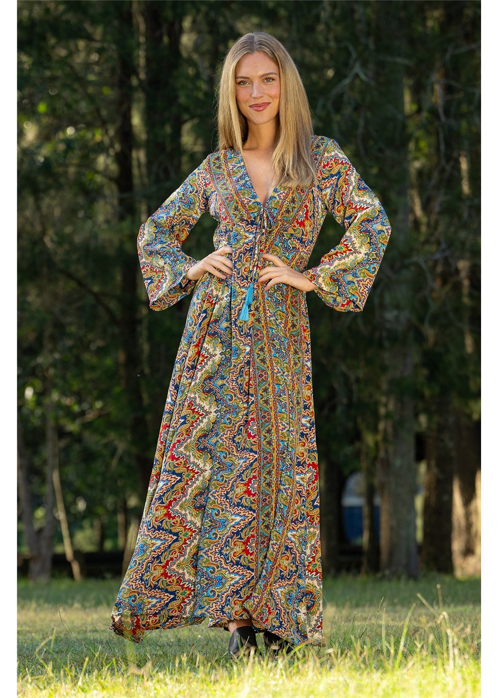 Cienna Designs Aurora Flare Sleeve Dress in jewel-toned medallion print, navy cobalt burgundy and gold, silk-polyester — Aurora Flare Sleeve Dress by Cienna Designs