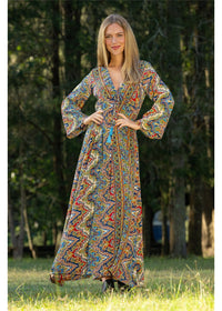 Cienna Designs Aurora Flare Sleeve Dress in jewel-toned medallion print, navy cobalt burgundy and gold, silk-polyester — Aurora Flare Sleeve Dress by Cienna Designs