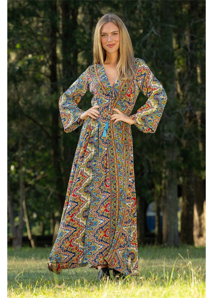 Cienna Designs Aurora Flare Sleeve Dress in jewel-toned medallion print, navy cobalt burgundy and gold, silk-polyester — Aurora Flare Sleeve Dress by Cienna Designs