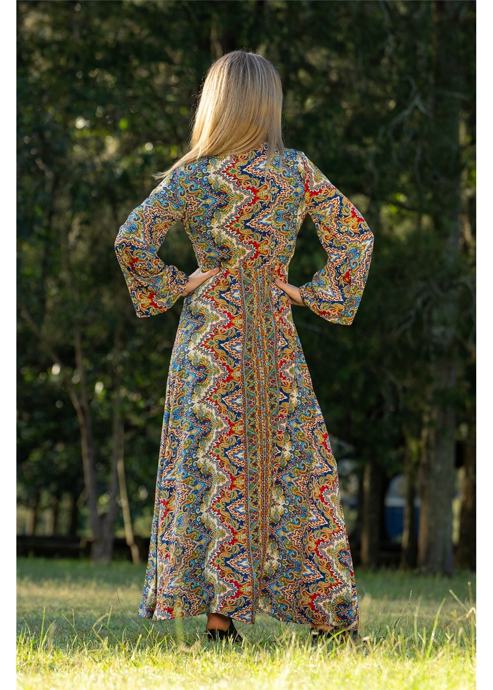 Aurora Flare Sleeve Dress in navy cobalt and gold medallion print, dramatic flare sleeve detail — Cienna Designs