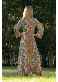 Aurora Flare Sleeve Dress in navy cobalt and gold medallion print, dramatic flare sleeve detail — Cienna Designs