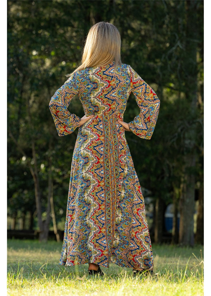 Aurora Flare Sleeve Dress in navy cobalt and gold medallion print, dramatic flare sleeve detail — Cienna Designs